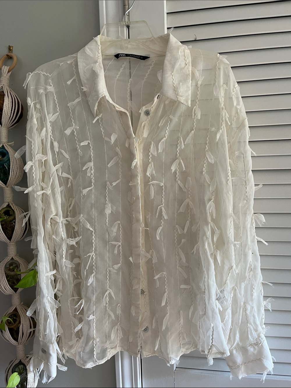 Zara Ivory Sheer Button-Down Blouse with Textured Tassel Detail